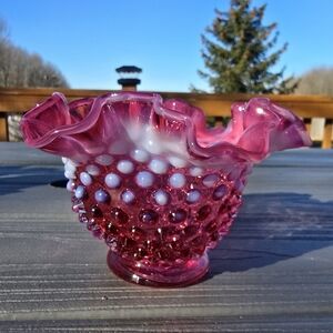 Vintage Fenton Cramberry Opalescent Hobnail Glass Bowl